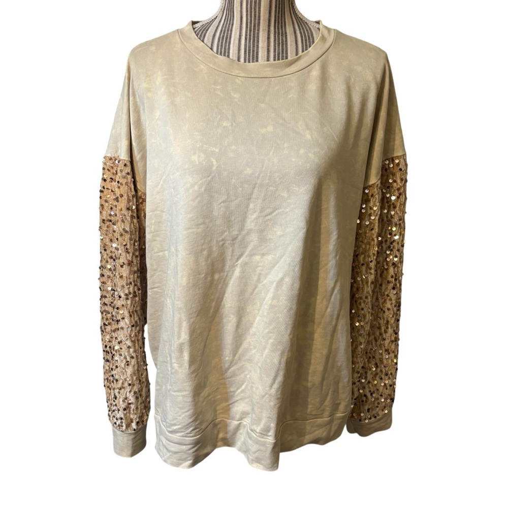 BiBi Sweatshirt Top Medium Cream Marble Long Velour Gold Sequins Sleeves Cotton